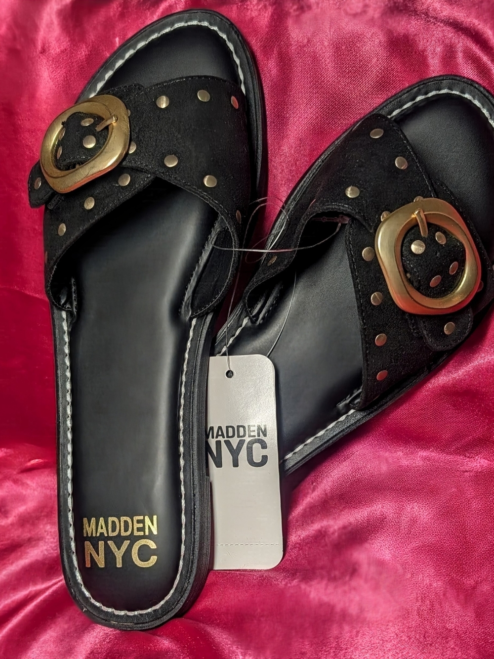 Madden NYC Black Suede Slide Mules with Gold Buckle